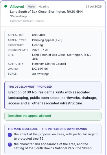 An appeal decision in the app, with the main issues, policies and judgments cited picked out beside the letter