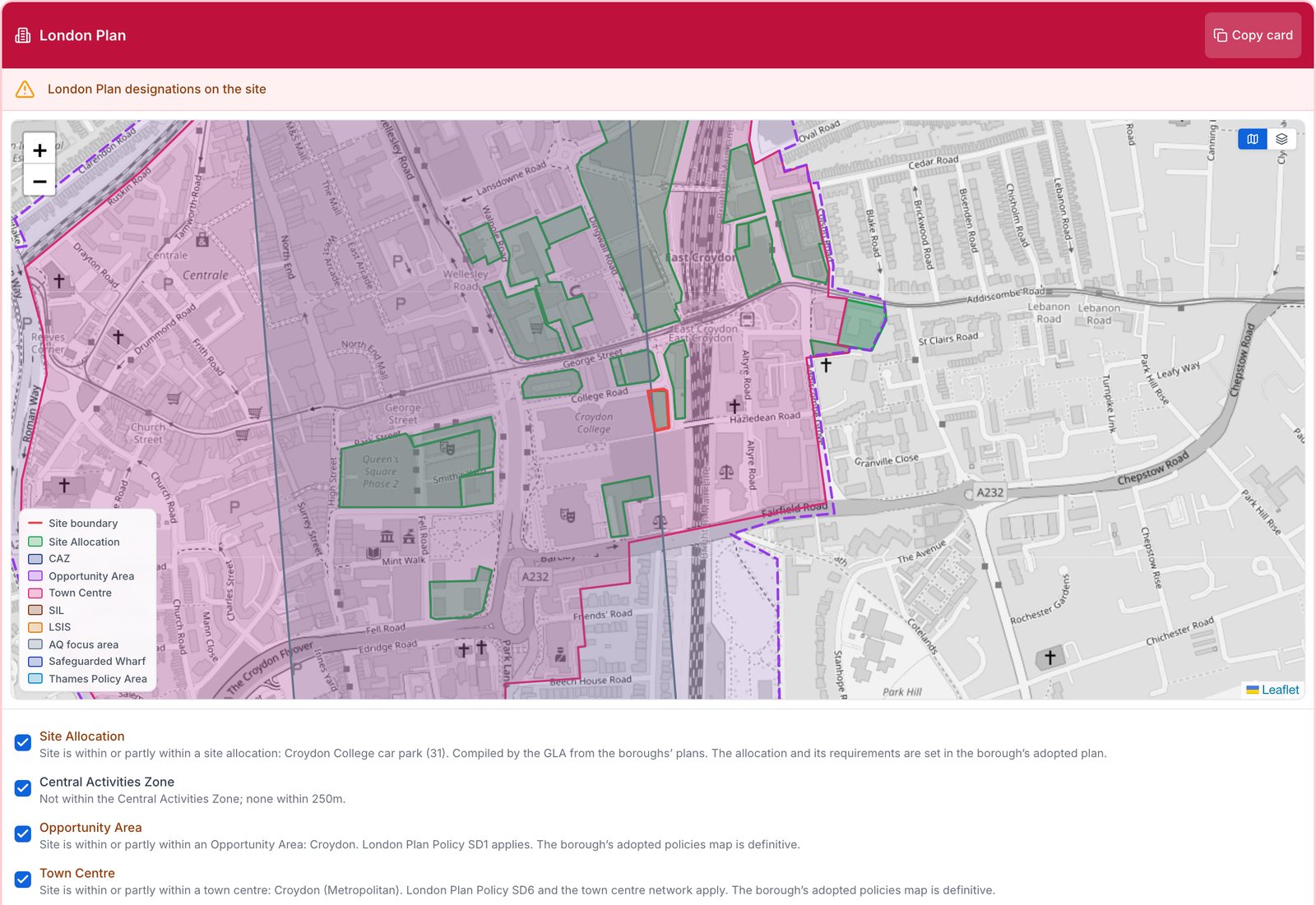 London Plan card for a Croydon town-centre site: the site allocation, the Opportunity Area, the Metropolitan town centre and an Air Quality Focus Area on the map, each finding listed with the London Plan policy it engages