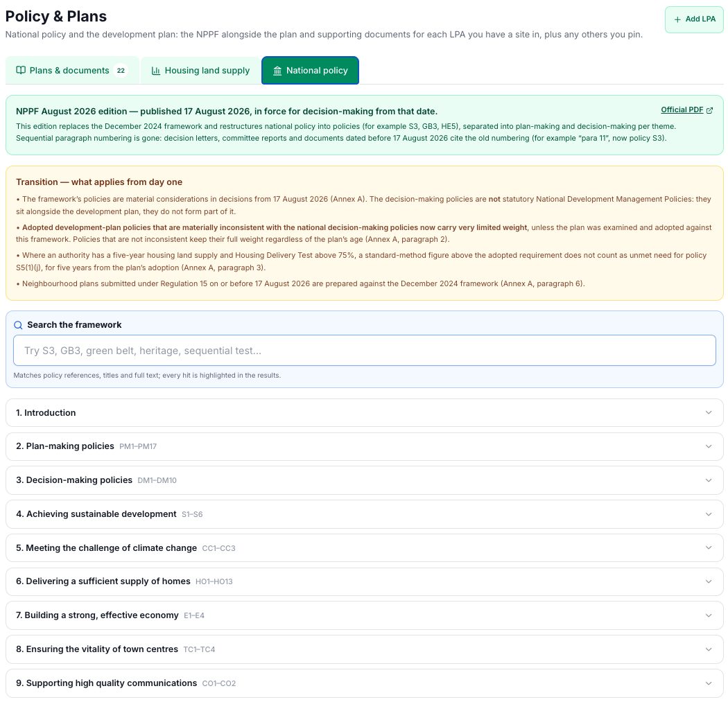 The National policy tab: the NPPF August 2026 edition with its transition rules, policy search and every chapter with its policy references