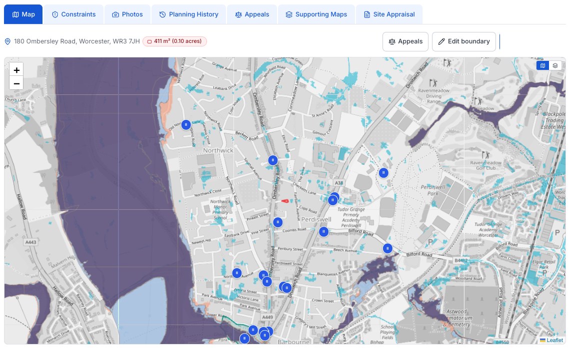 The site record: map, constraints, photos, planning history, appeals and appraisal in one place
