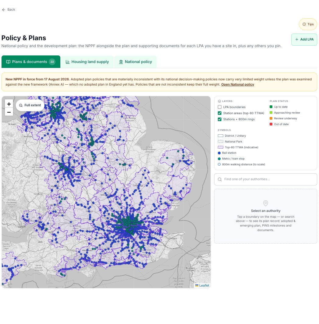 The plans map with station areas: rail, metro and tram stations with 800 metre catchments inside the top-80 travel to work areas